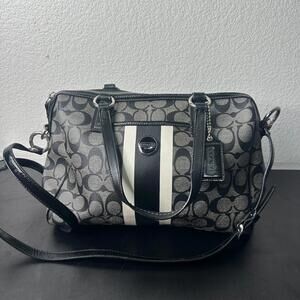 Coach Gray Black Leather Signature Stripe Satchel Bag F24362 Chelsea Heritage